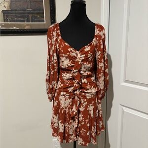 Easel Terracotta Floral Long Sleeve Dress